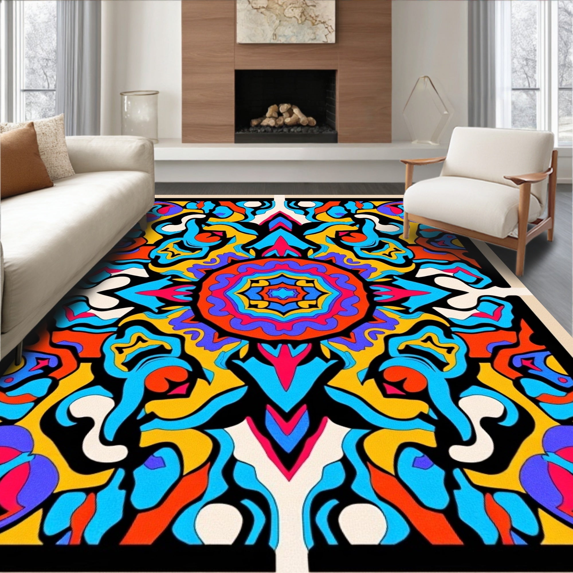 Vibrant Psychedelic Sunburst Mandala Rug