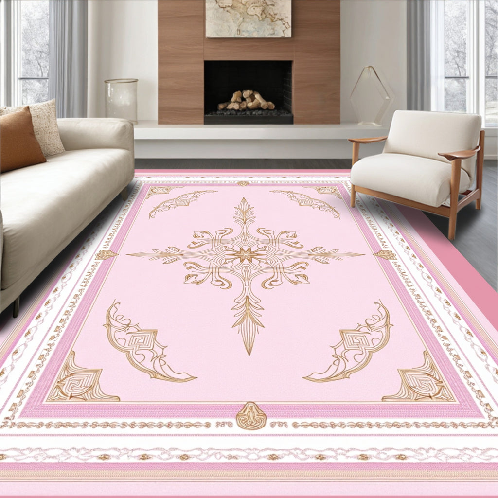 Elegant Pink Golden Floral Medallion Rug