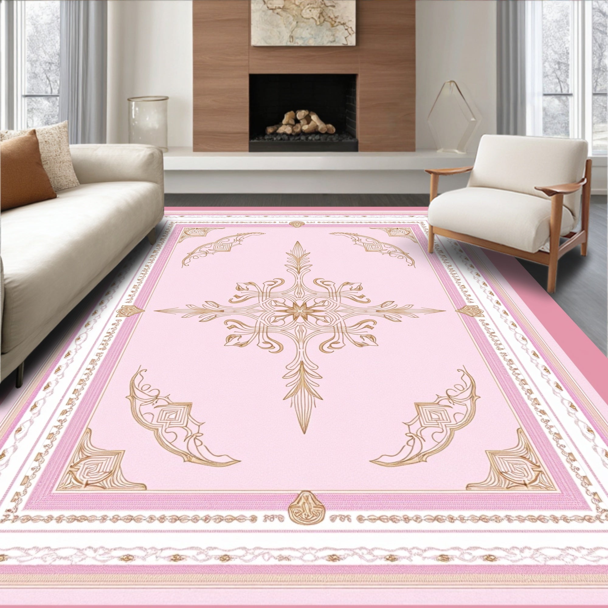 Elegant Pink Golden Floral Medallion Rug