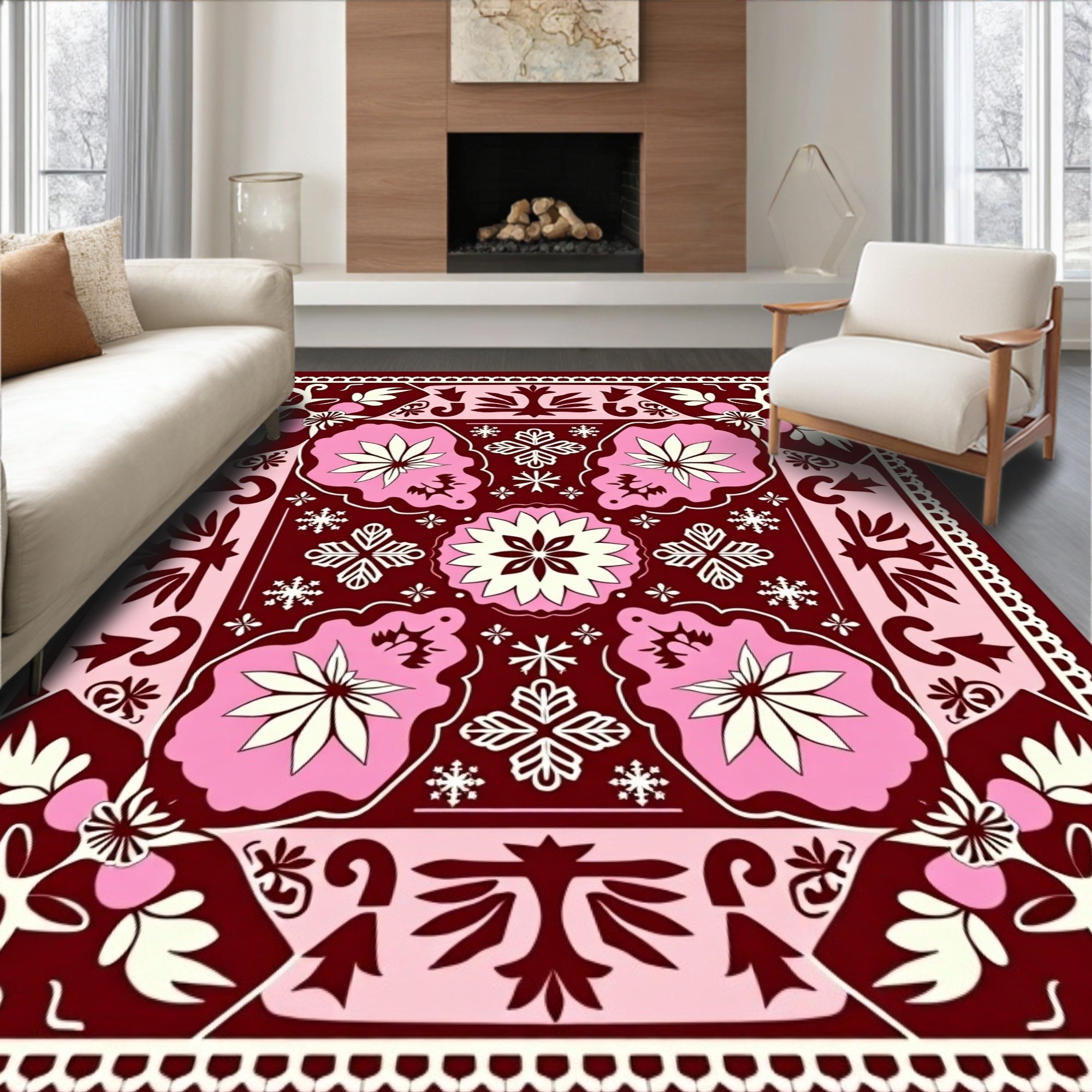 Crimson Pink Floral Folk Art Rug