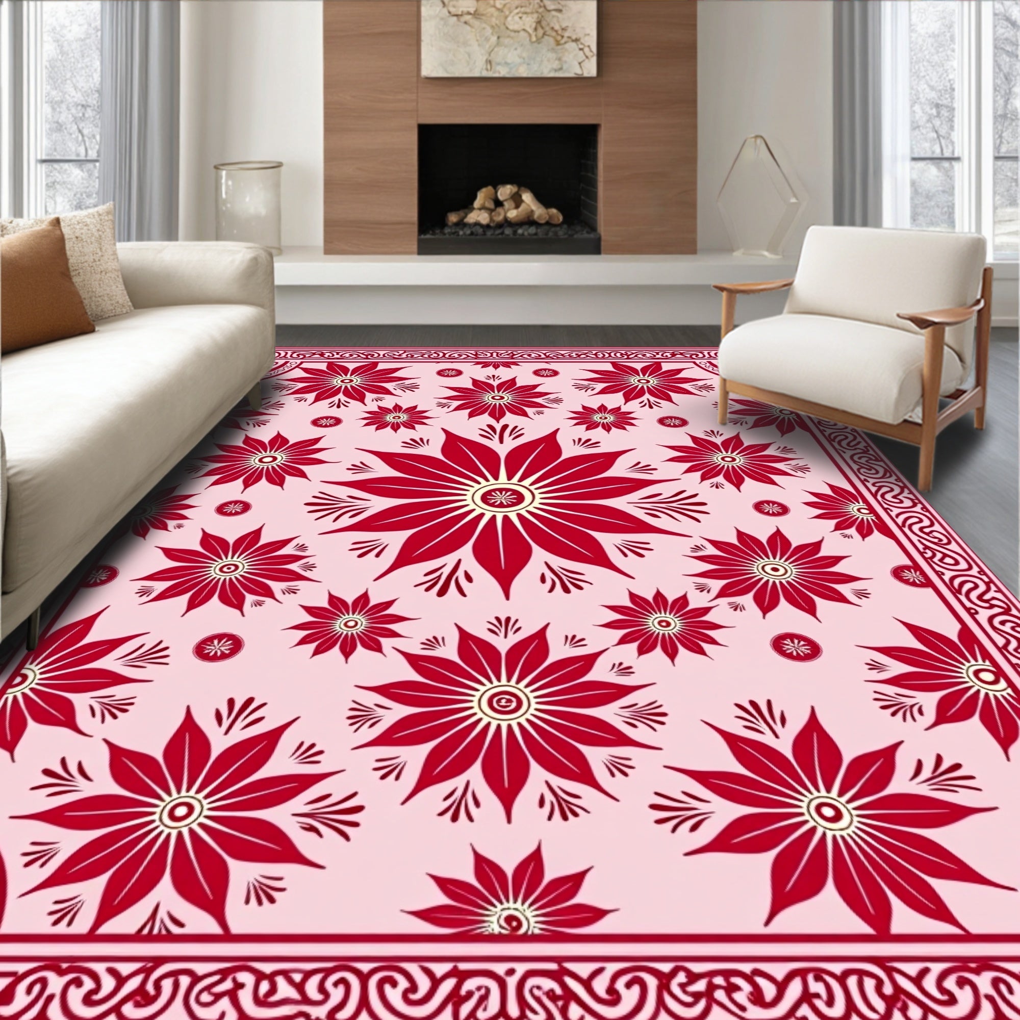 Rich Crimson Petal Bloom Framing Rug