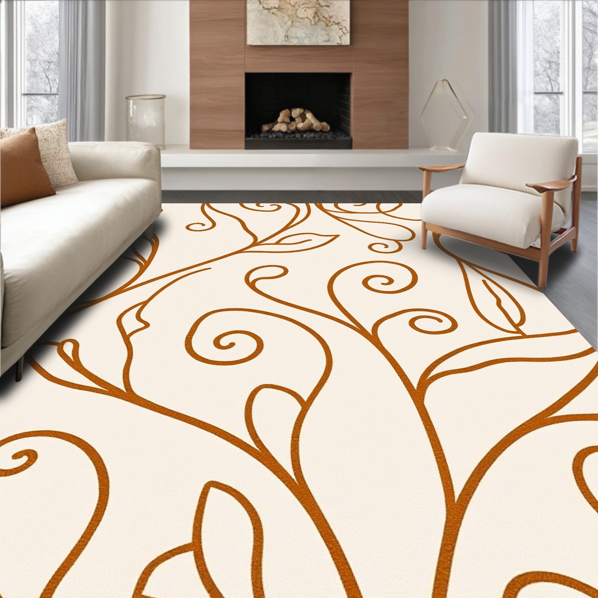 Burnt Orange Floral Vine Swirl Rug