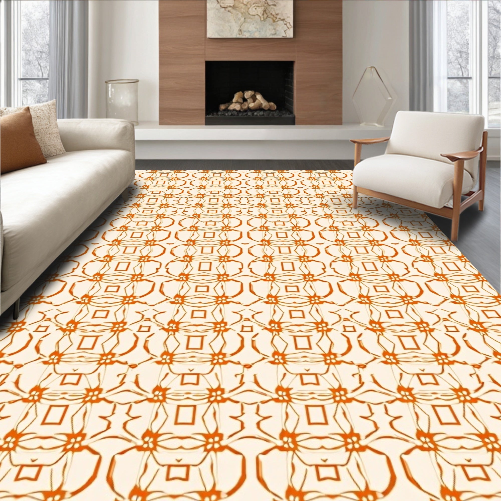 Orange Scrollwork Blossom Geometric Rug