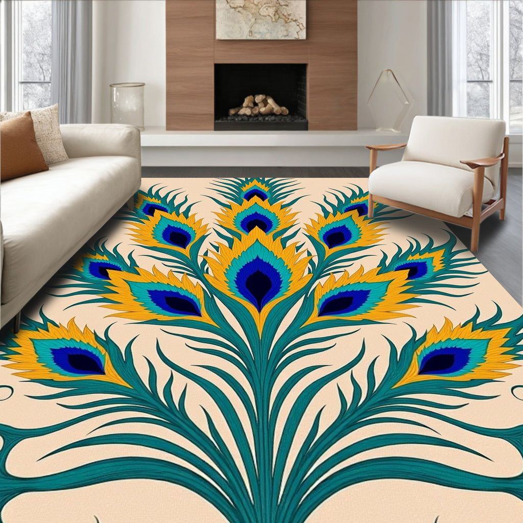 Vibrant Teal Gold Peacock Feather Rug