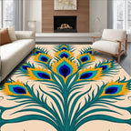 Vibrant Teal Gold Peacock Feather Rug