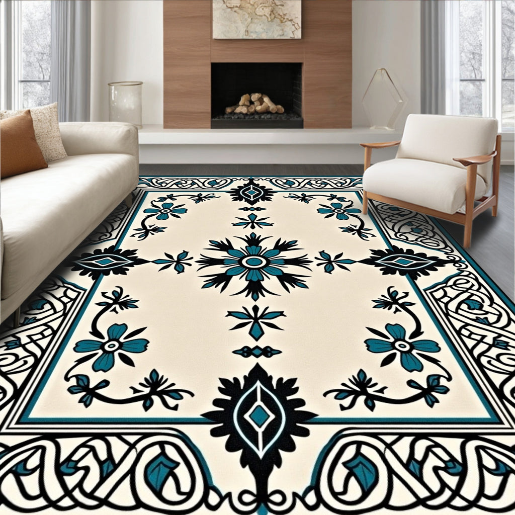 Teal Black Floral Ivory Medallion Rug