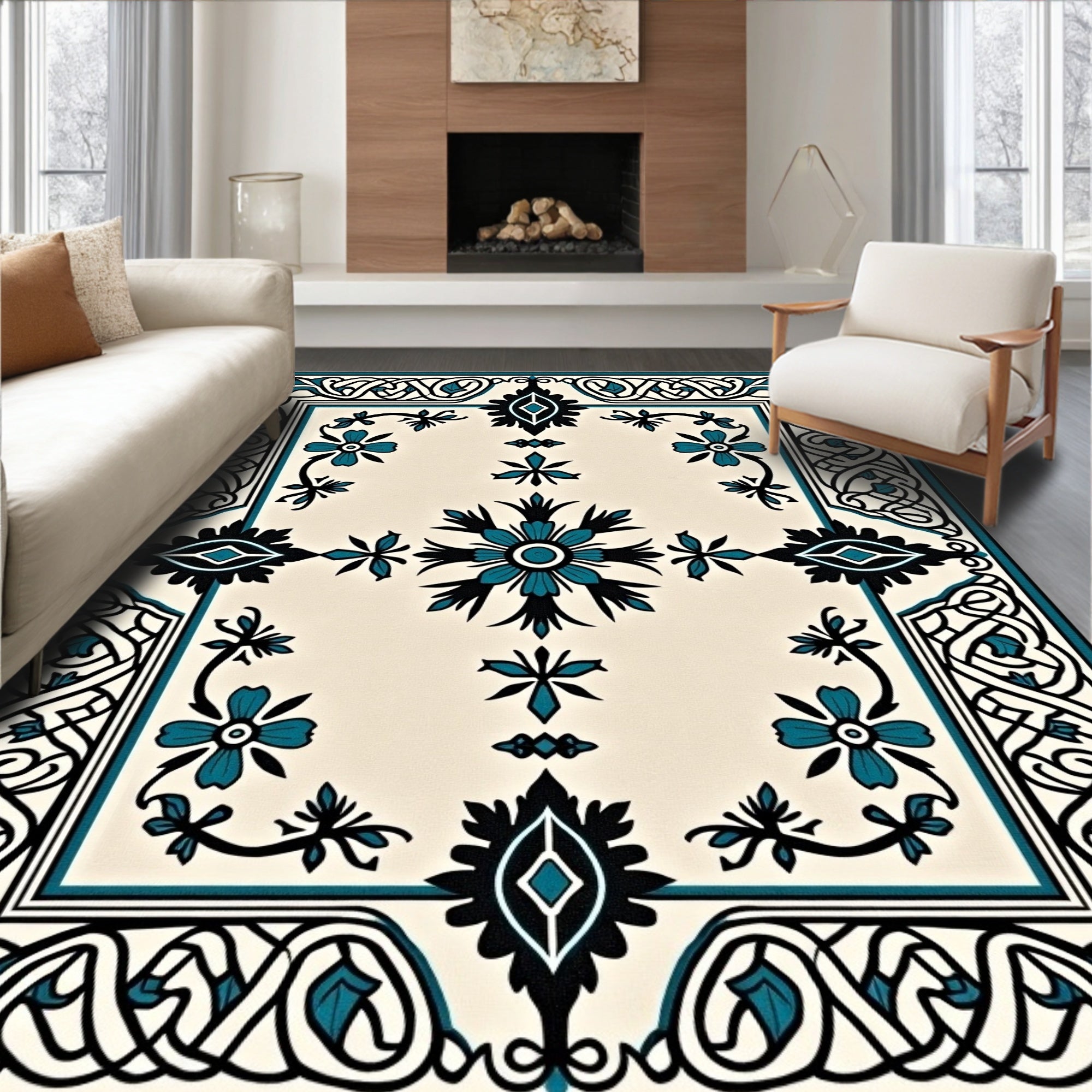 Teal Black Floral Ivory Medallion Rug