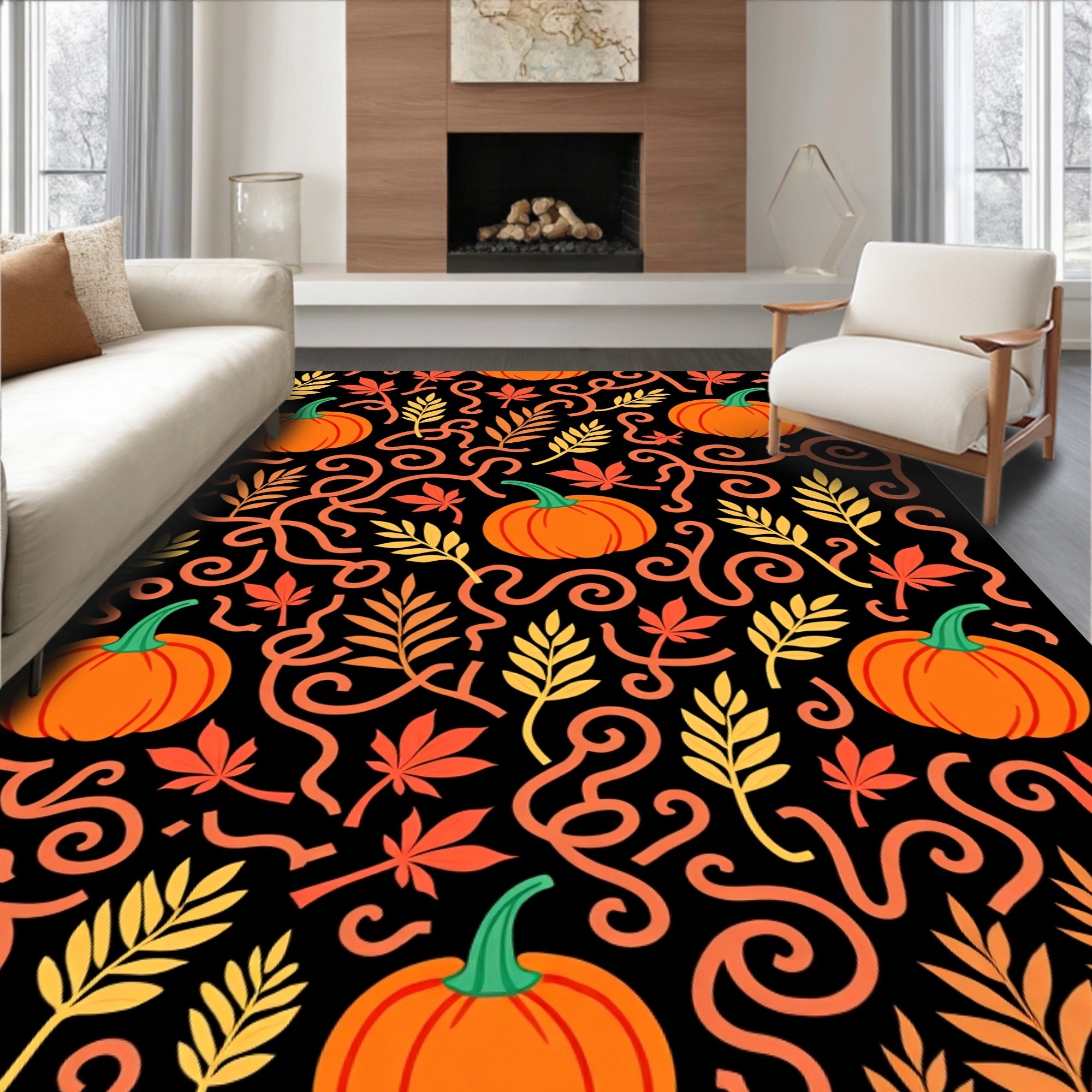 Autumn Pumpkin Leaf Swirls Rug