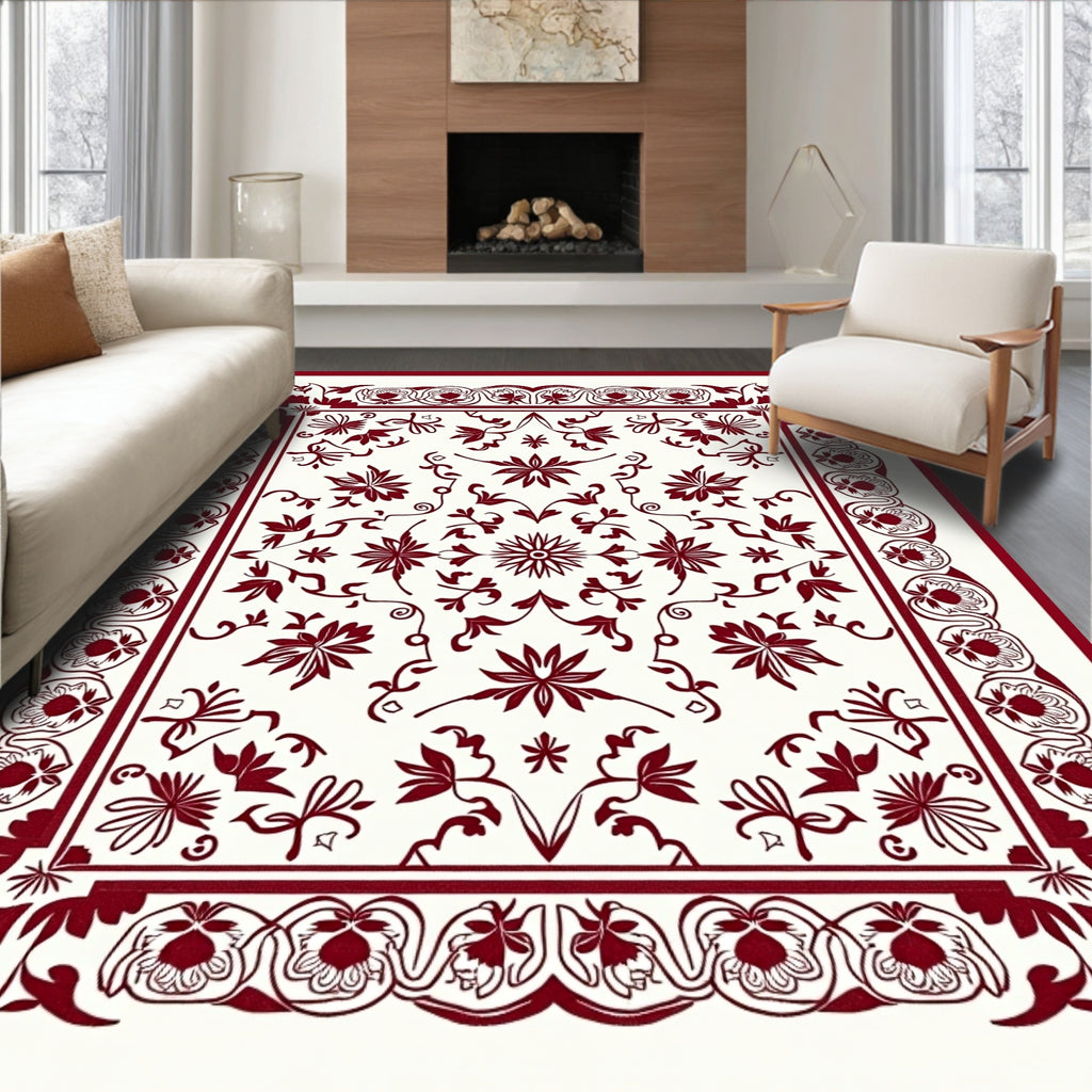 Deep Red Vine Starburst Frame Rug