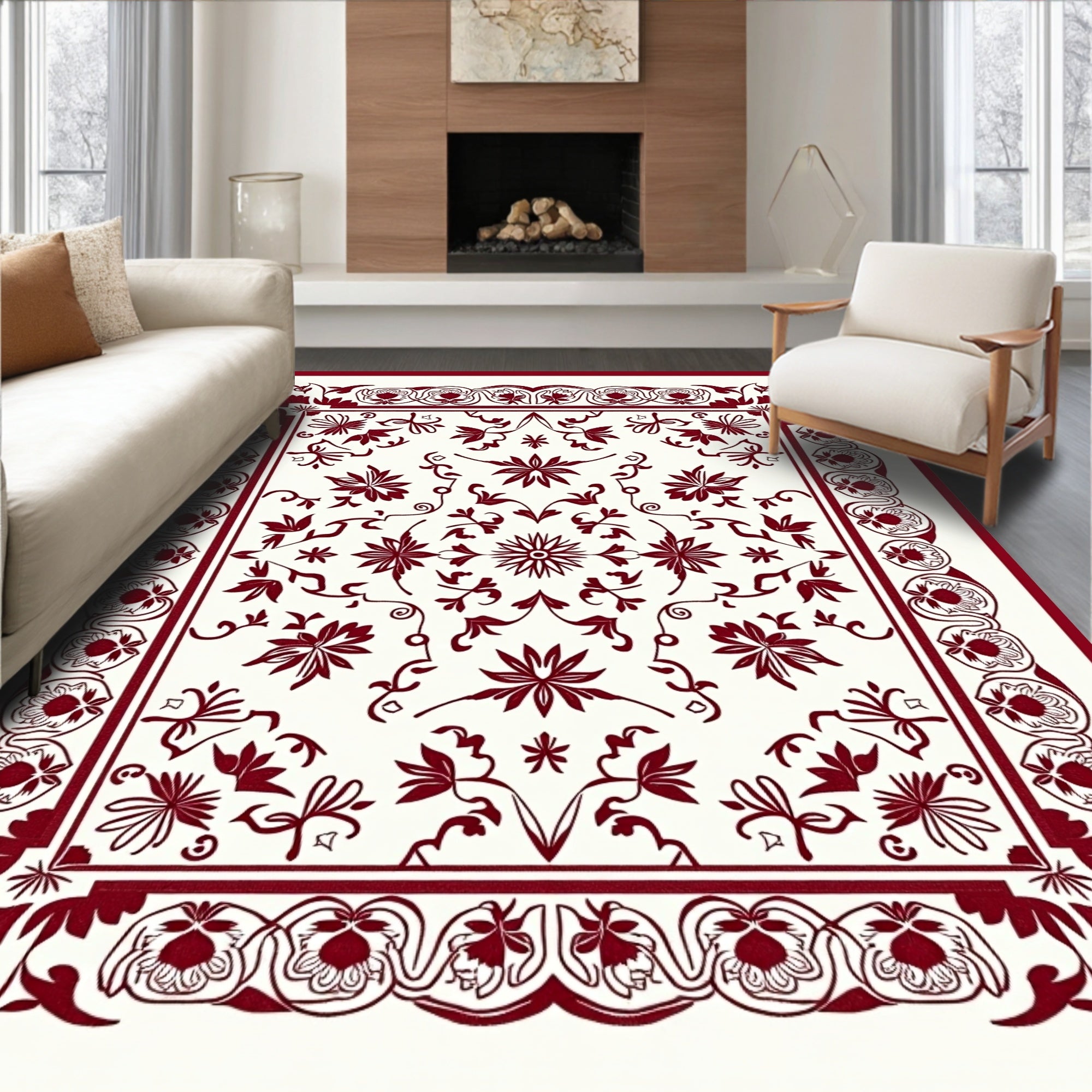 Deep Red Vine Starburst Frame Rug