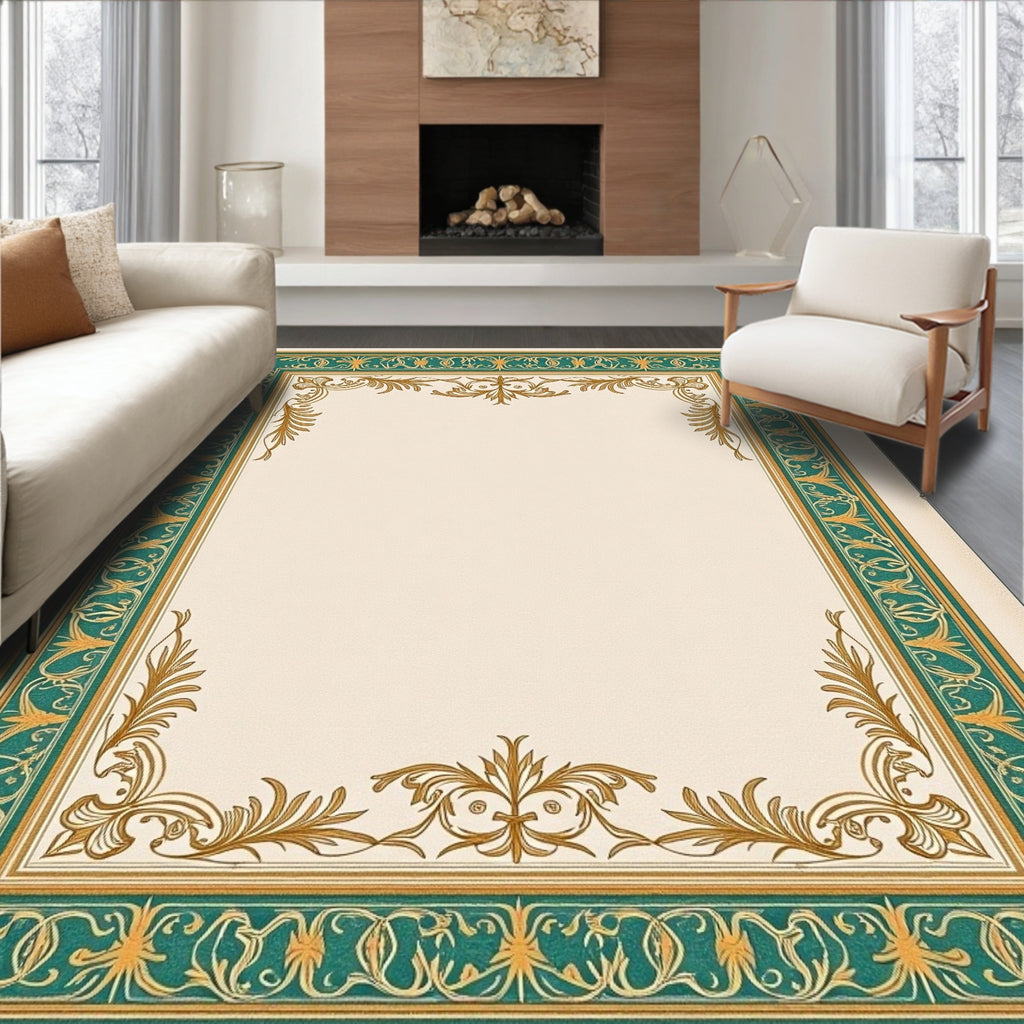 Ornate Teal and Gold Leaf Frame Rug