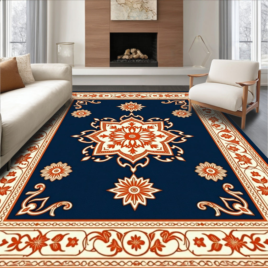 Navy Blue Floral Medallion Cream Border Rug