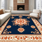 Navy Blue Floral Medallion Cream Border Rug