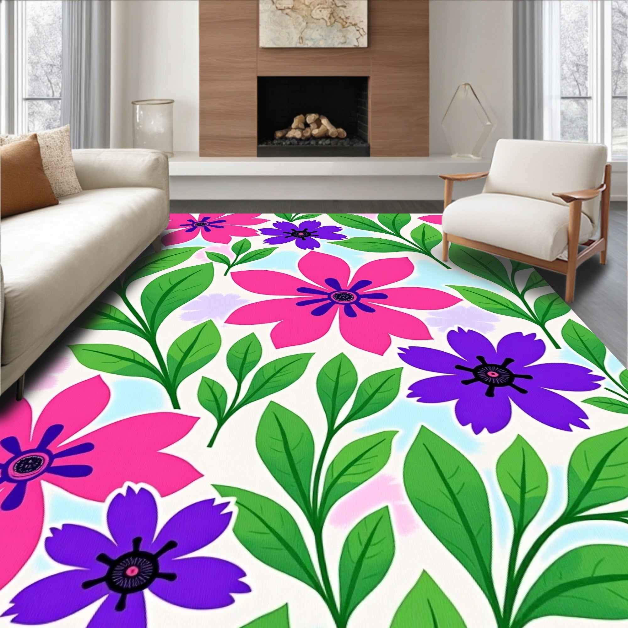 Vibrant Pink Purple Floral Leaf Medley Rug