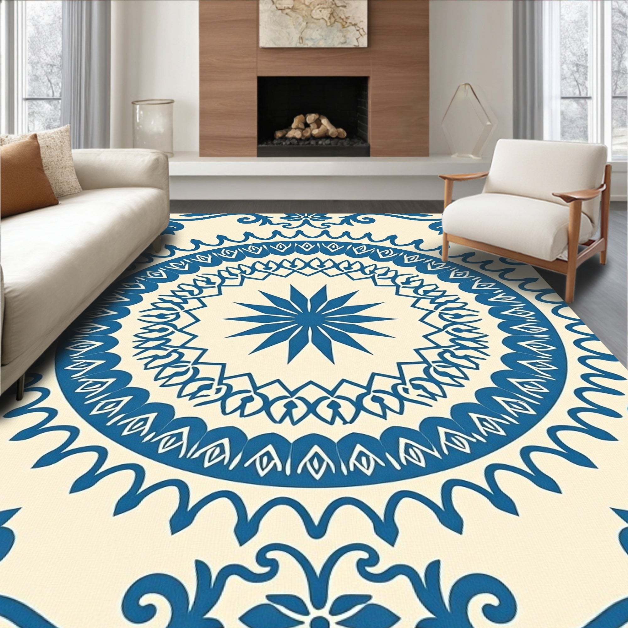 Classic Blue Cream Medallion Overlay Rug