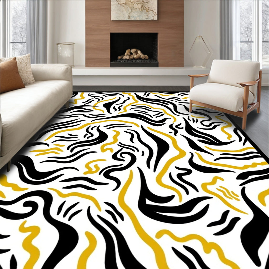 Bold Yellow Black Curving Lines Rug