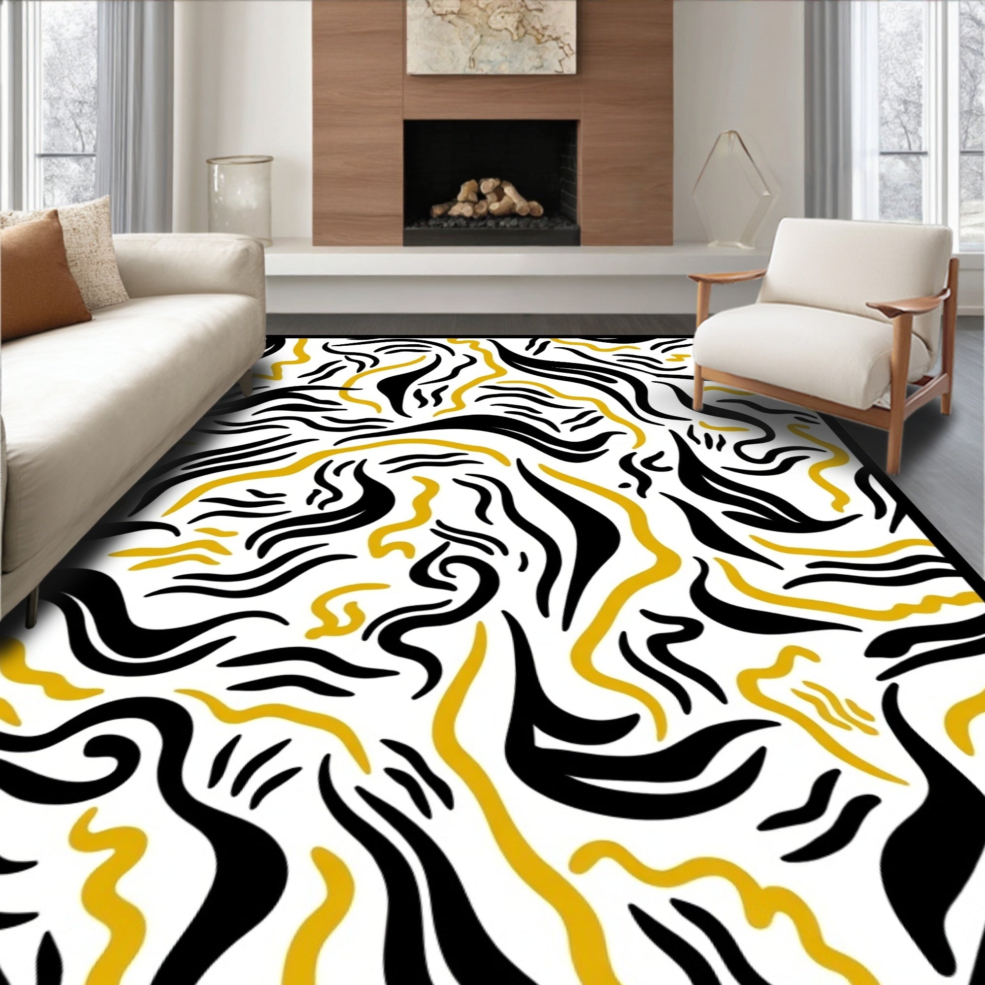 Bold Yellow Black Curving Lines Rug