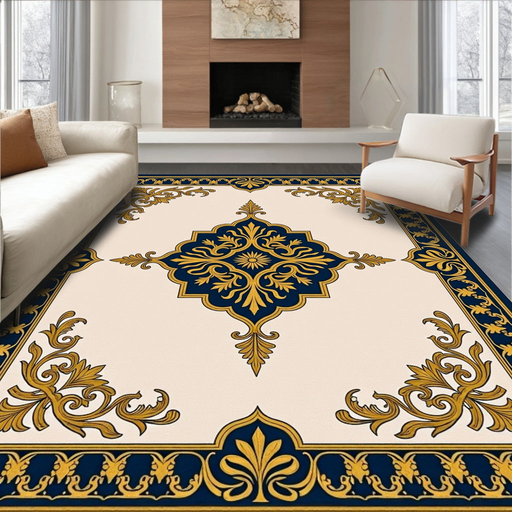 Navy Gold Elaborate Scroll Medallion Rug