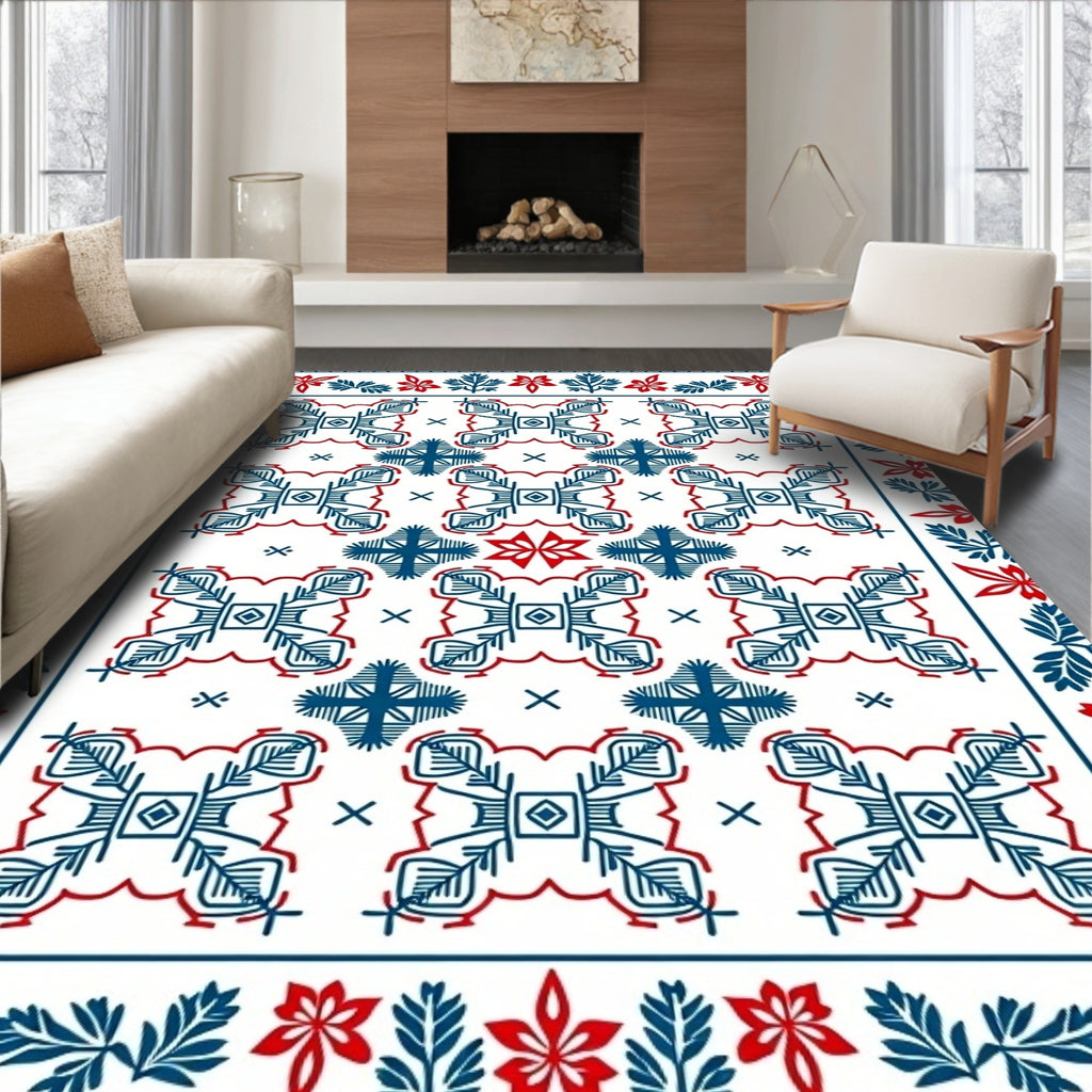 Navy Red Geometric Floral Border Rug