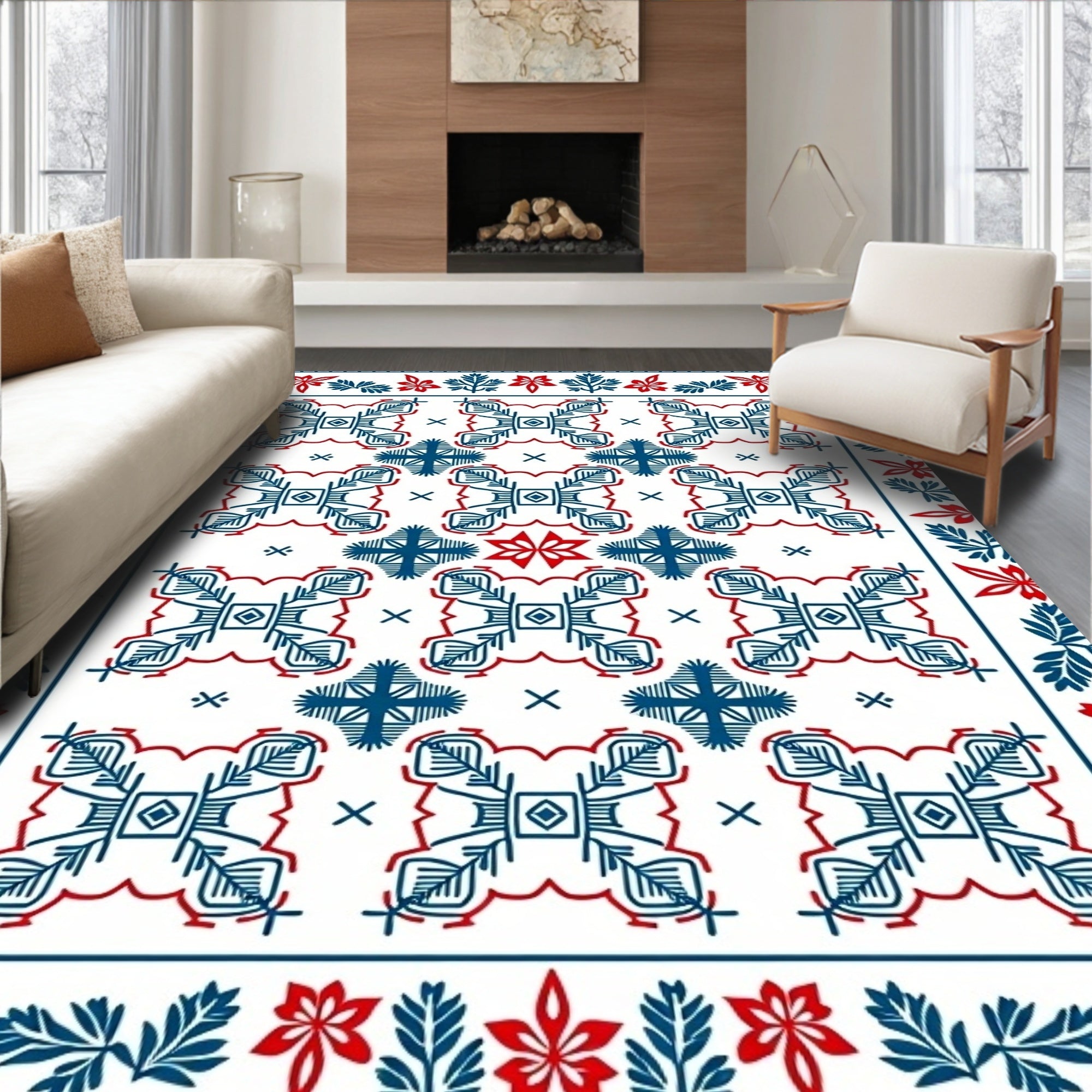 Navy Red Geometric Floral Border Rug