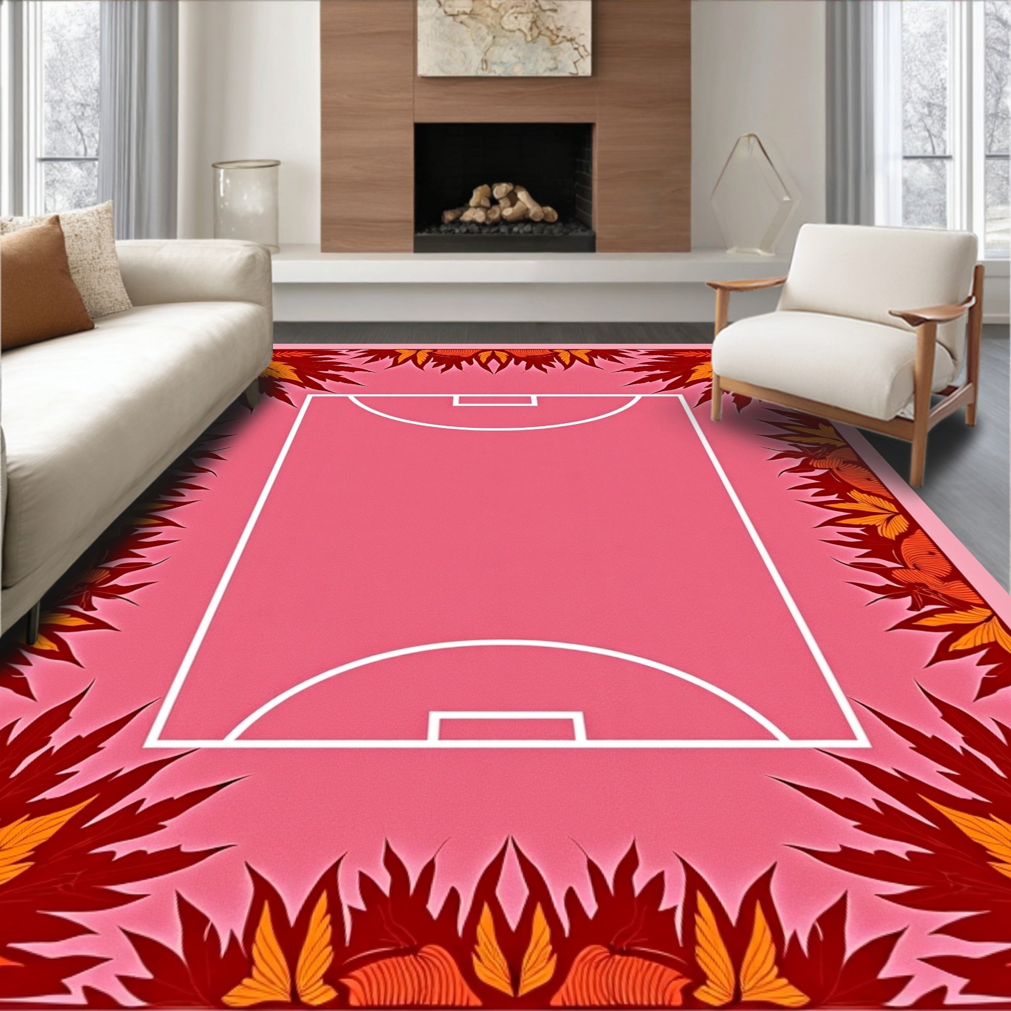 Crimson leaves on pink court. Rug