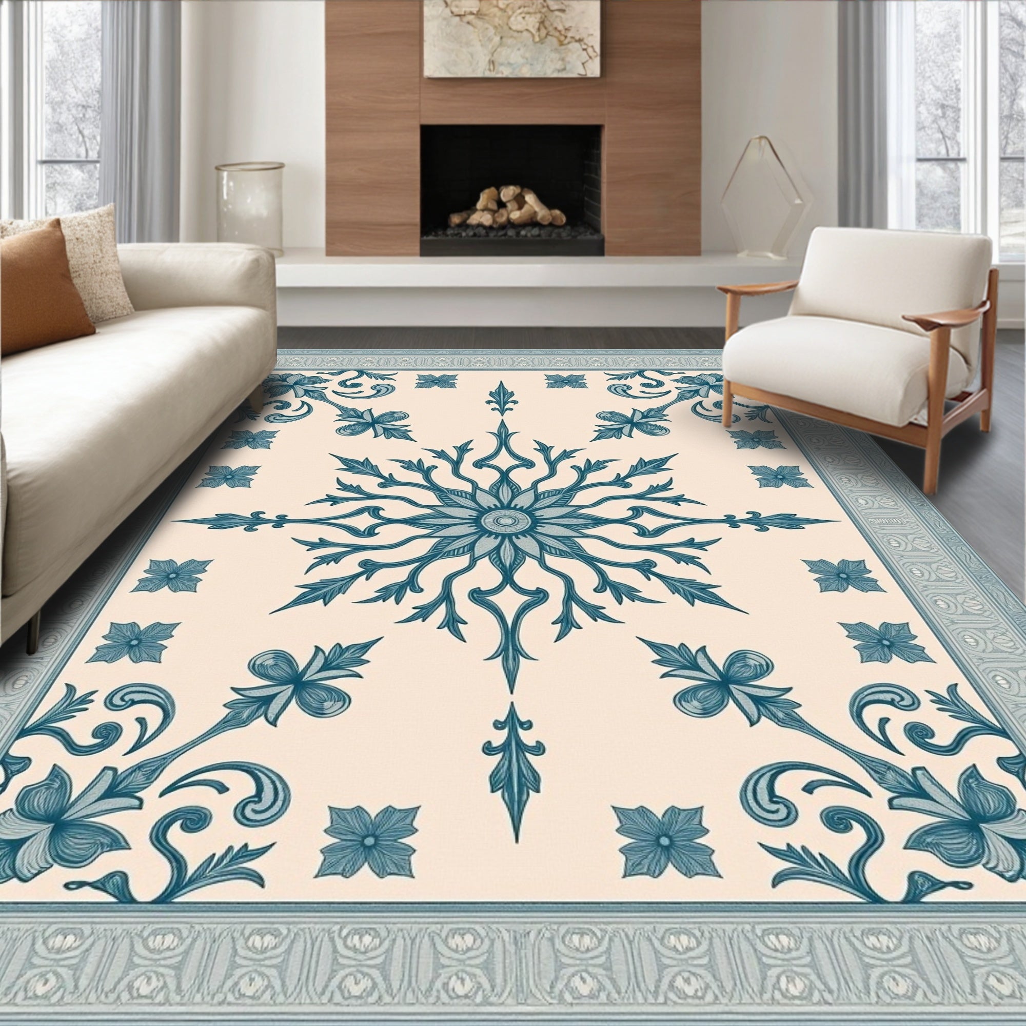 Pale Blue Floral Sunburst Medallion Border Rug