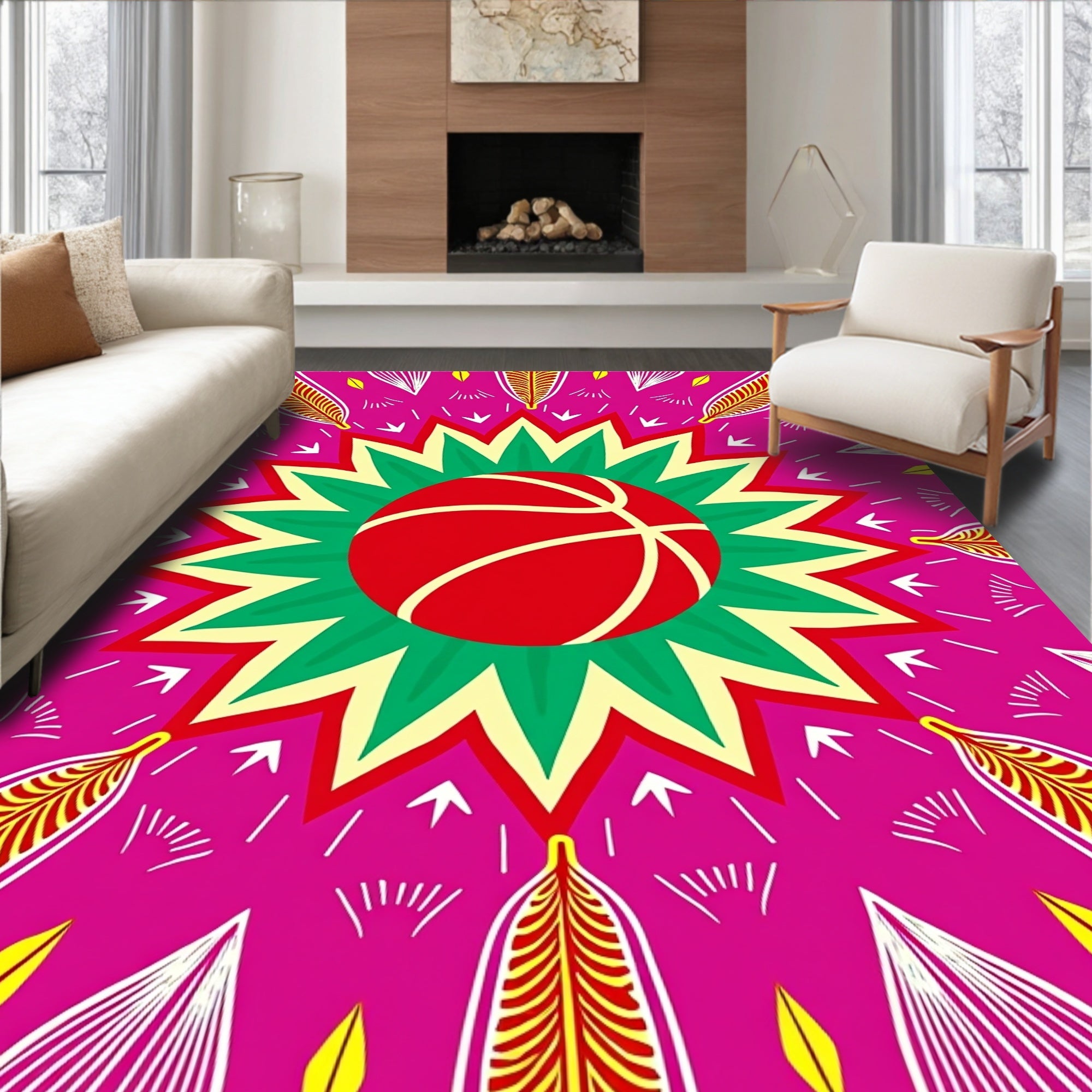 Vibrant Red Basketball Mandala Rug