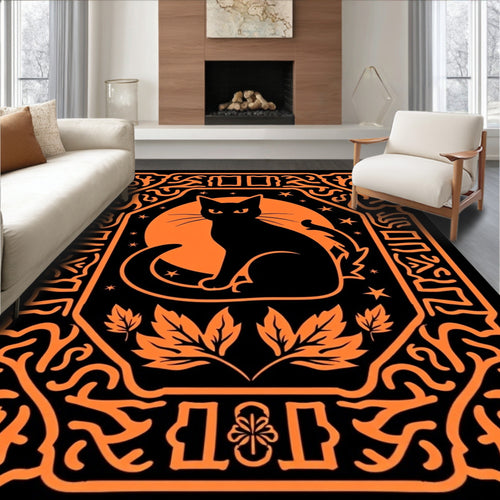 Black Cat Moon Orange Border Rug