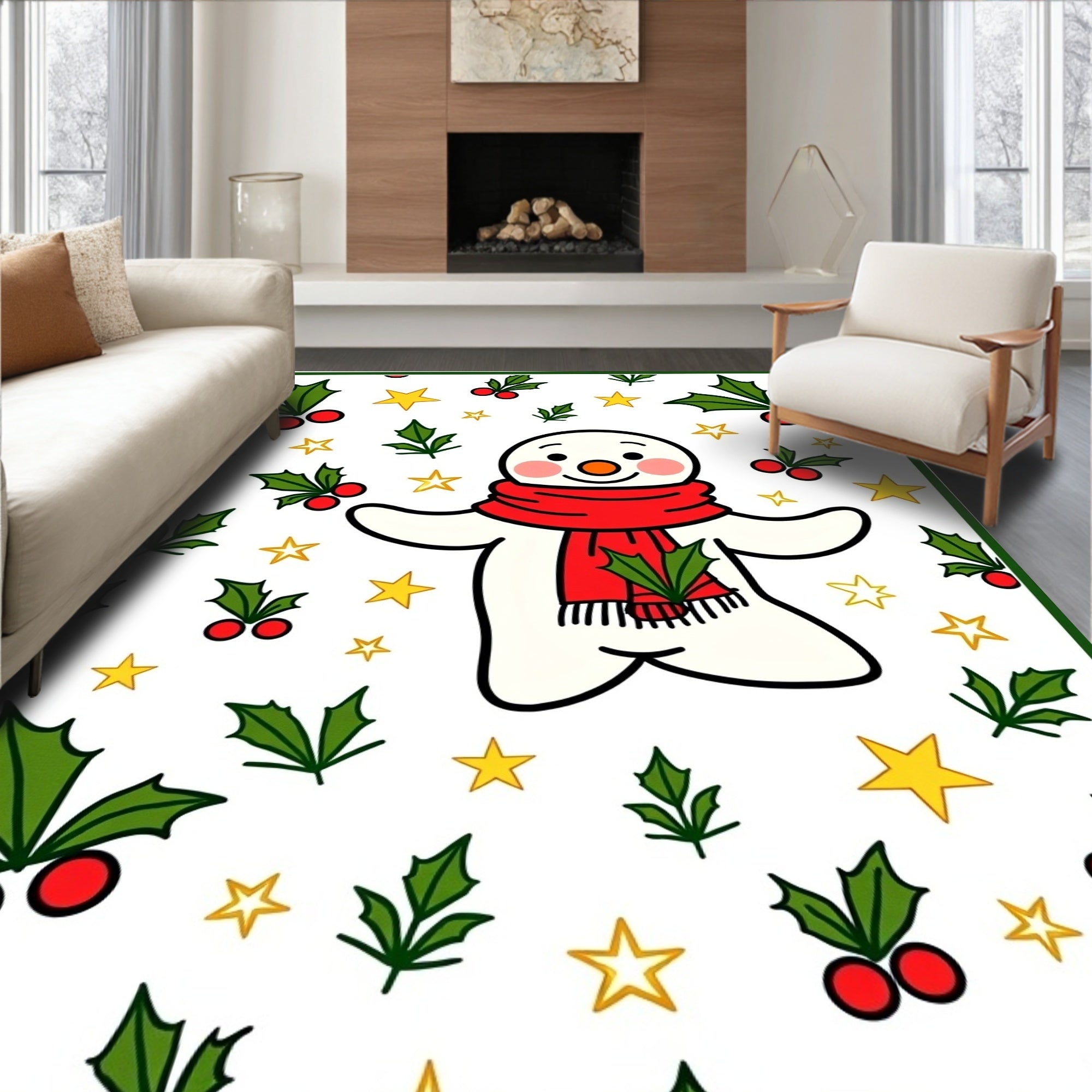 Merry Snowman Holly Star Scene Rug