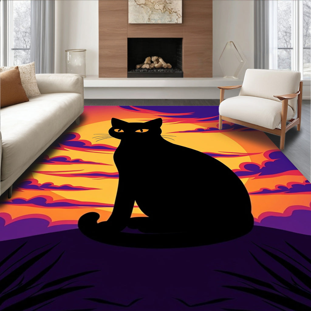 Black Cat Sunset Orange Purple Clouds Rug