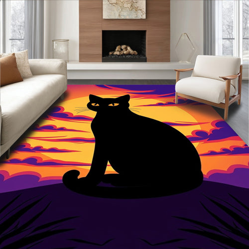 Black Cat Sunset Orange Purple Clouds Rug