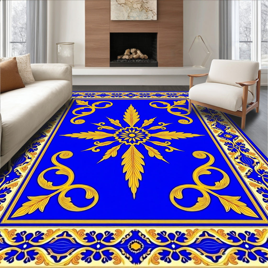 Royal Blue Golden Sunburst Scrollwork Rug