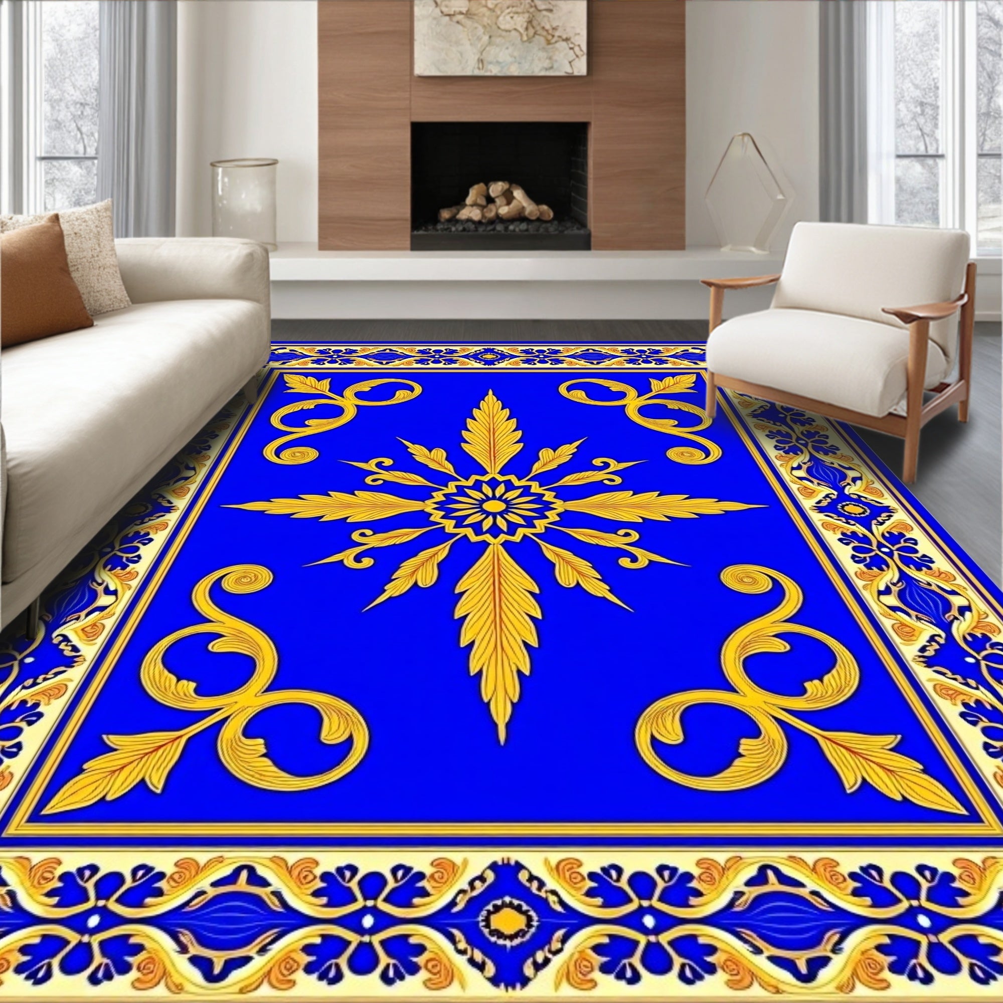 Royal Blue Golden Sunburst Scrollwork Rug
