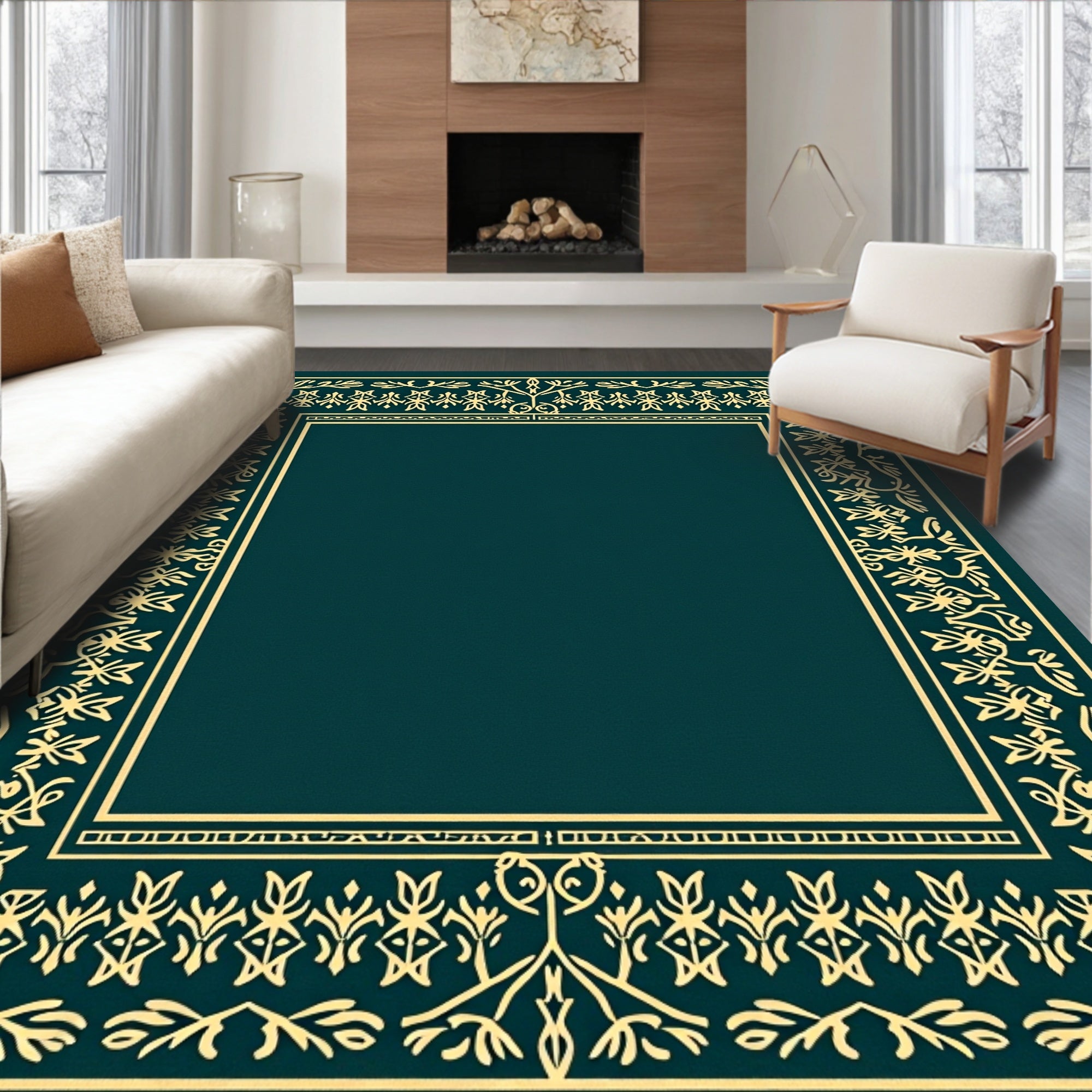 Golden Teal Floral Bordered Rug