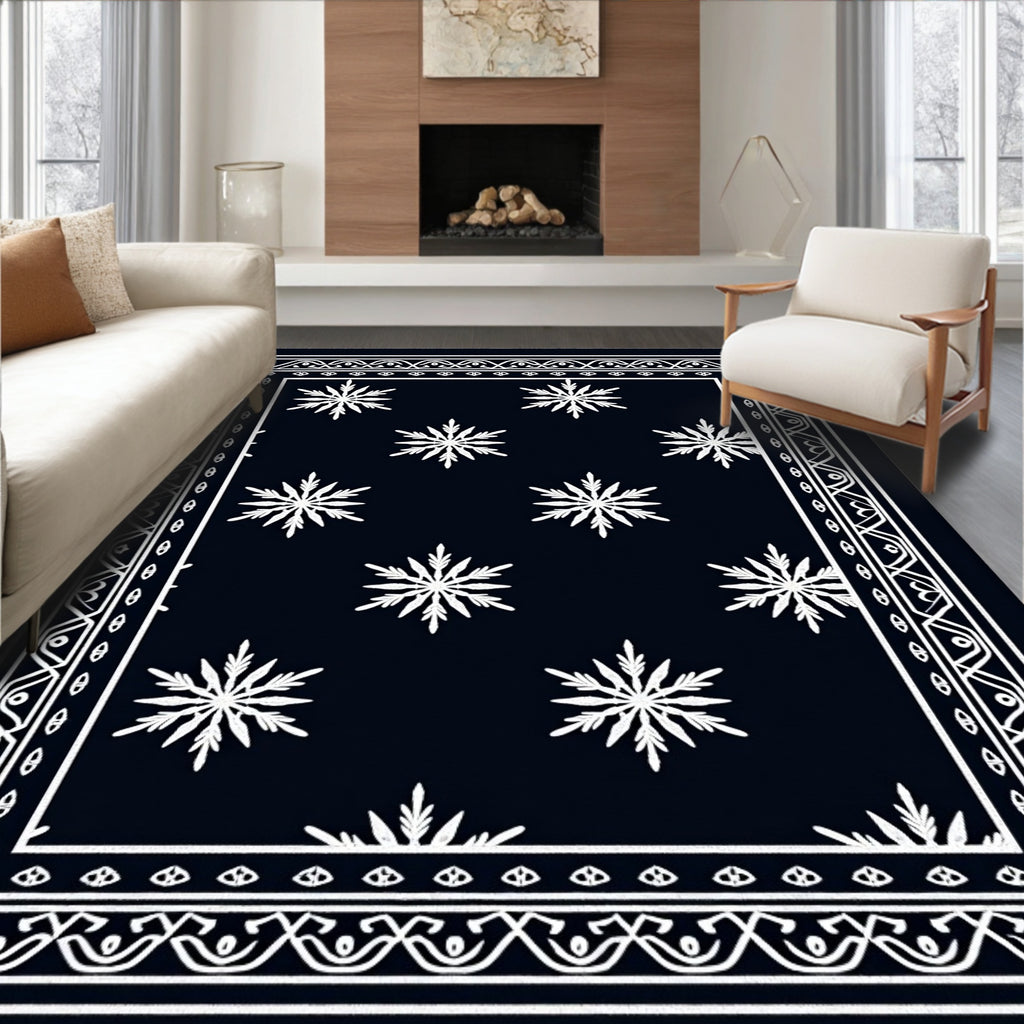 Dark Navy White Snowflake Scattered Border Rug