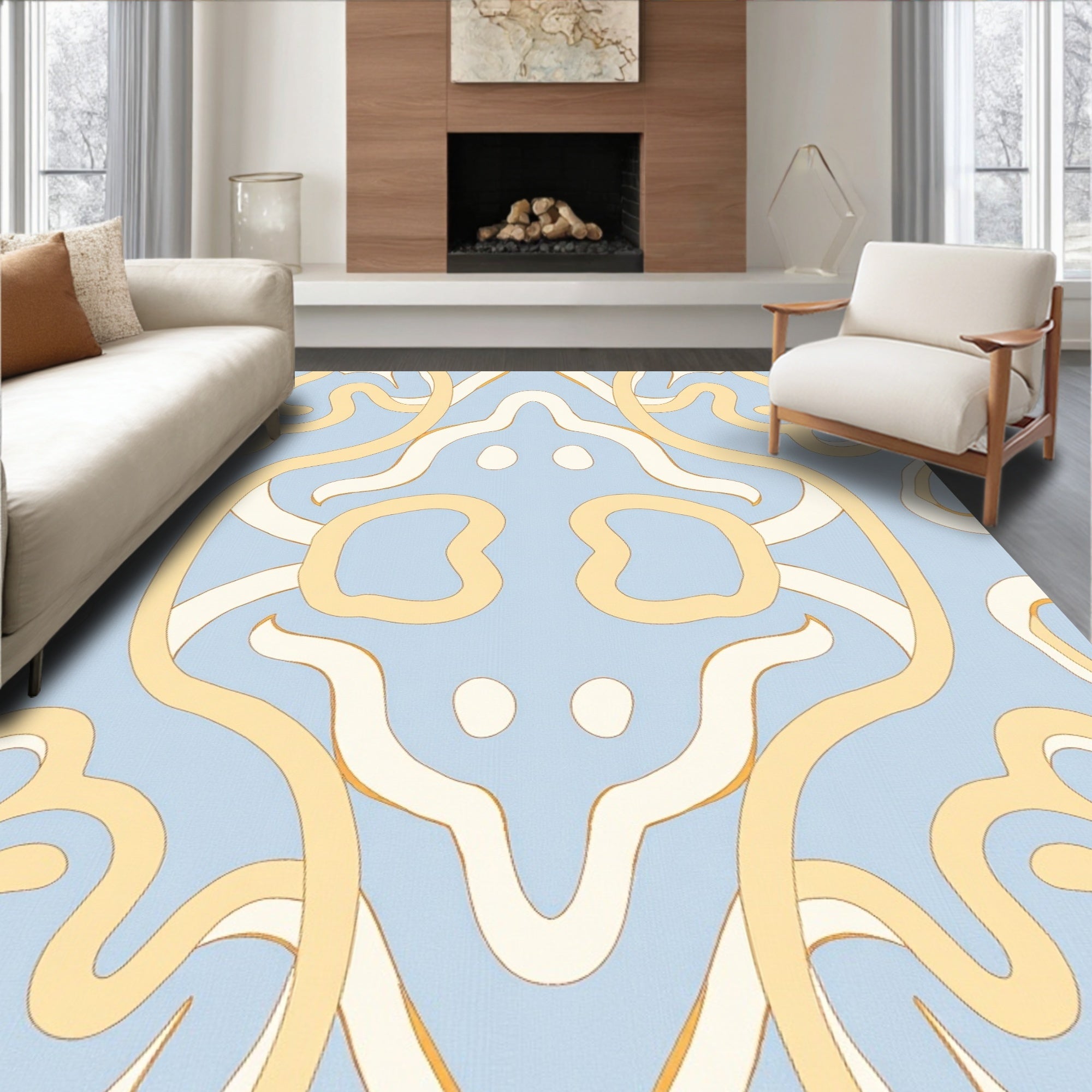 Pale Blue Swirled Filigree Abstract Rug