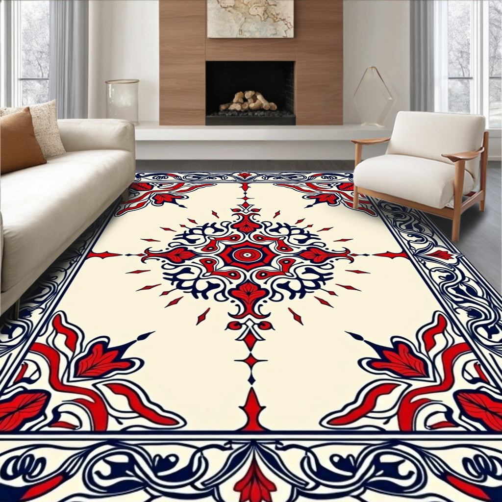 Crimson Blue Floral Medallion Frame Rug