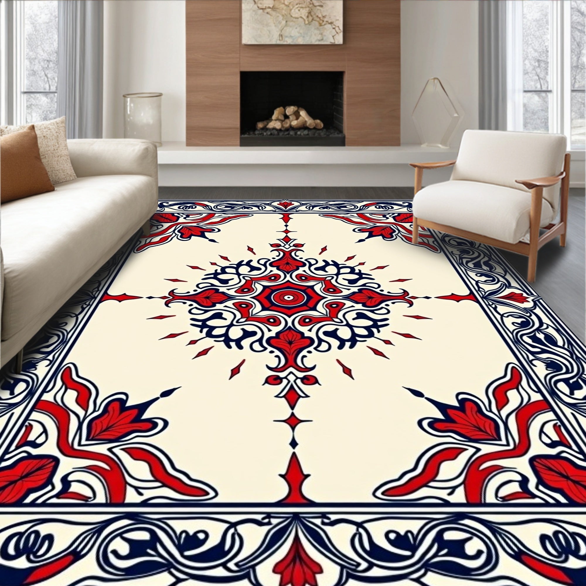Crimson Blue Floral Medallion Frame Rug