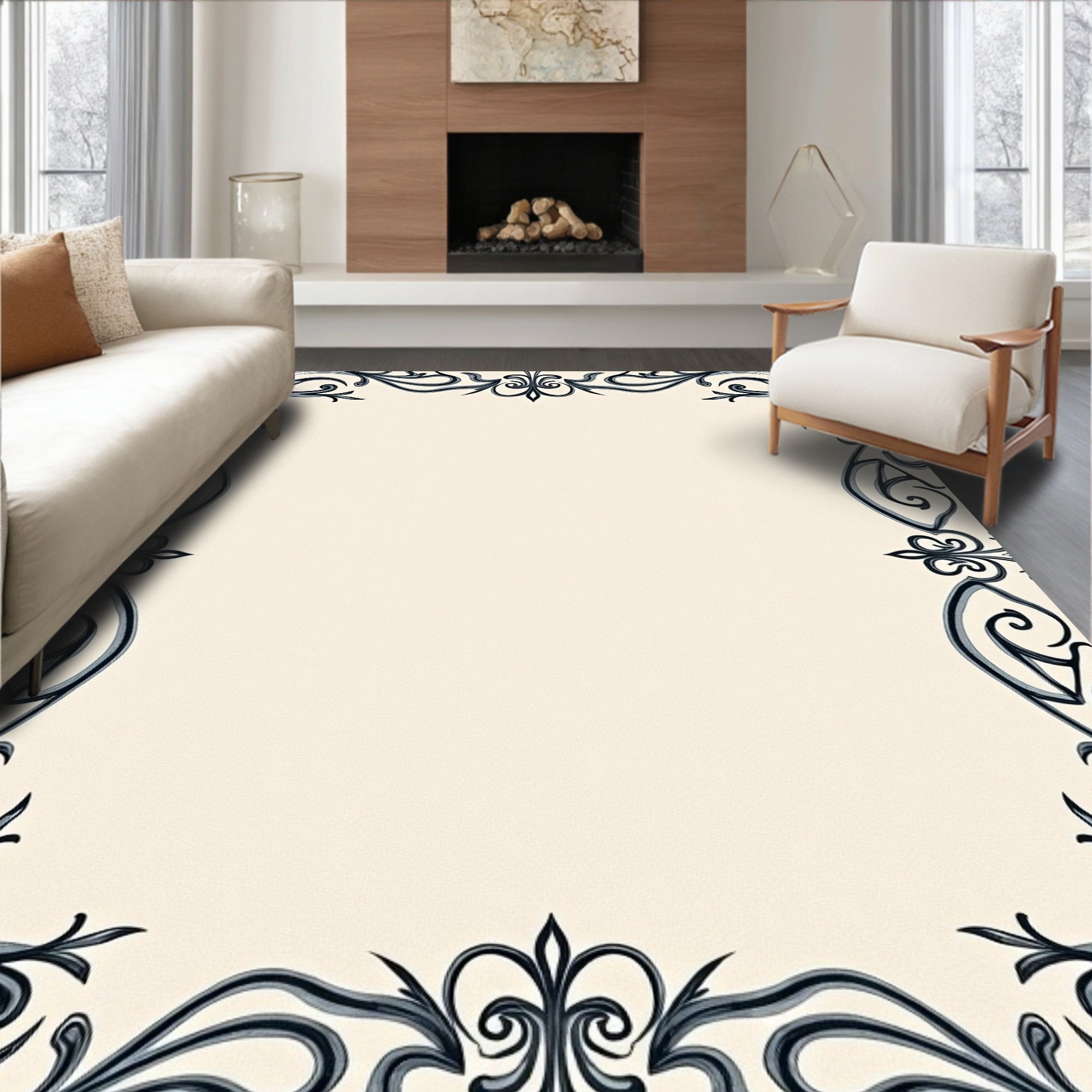 Ornate Scrollwork Ivory Black Border Rug