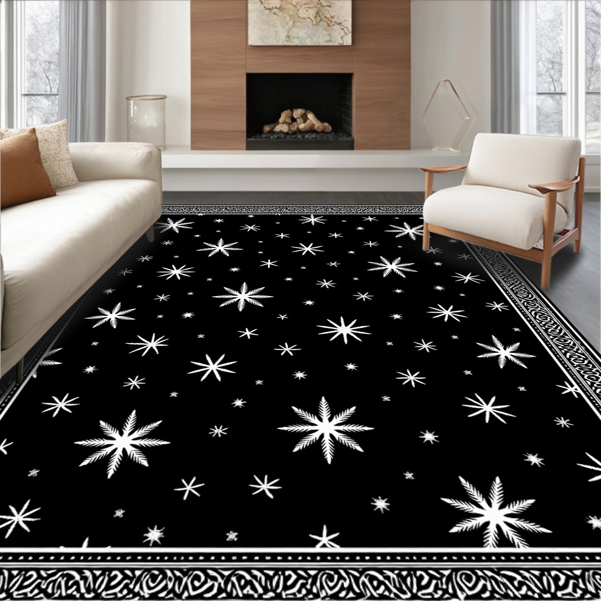 Black Snowflakes Detailed Border Rug