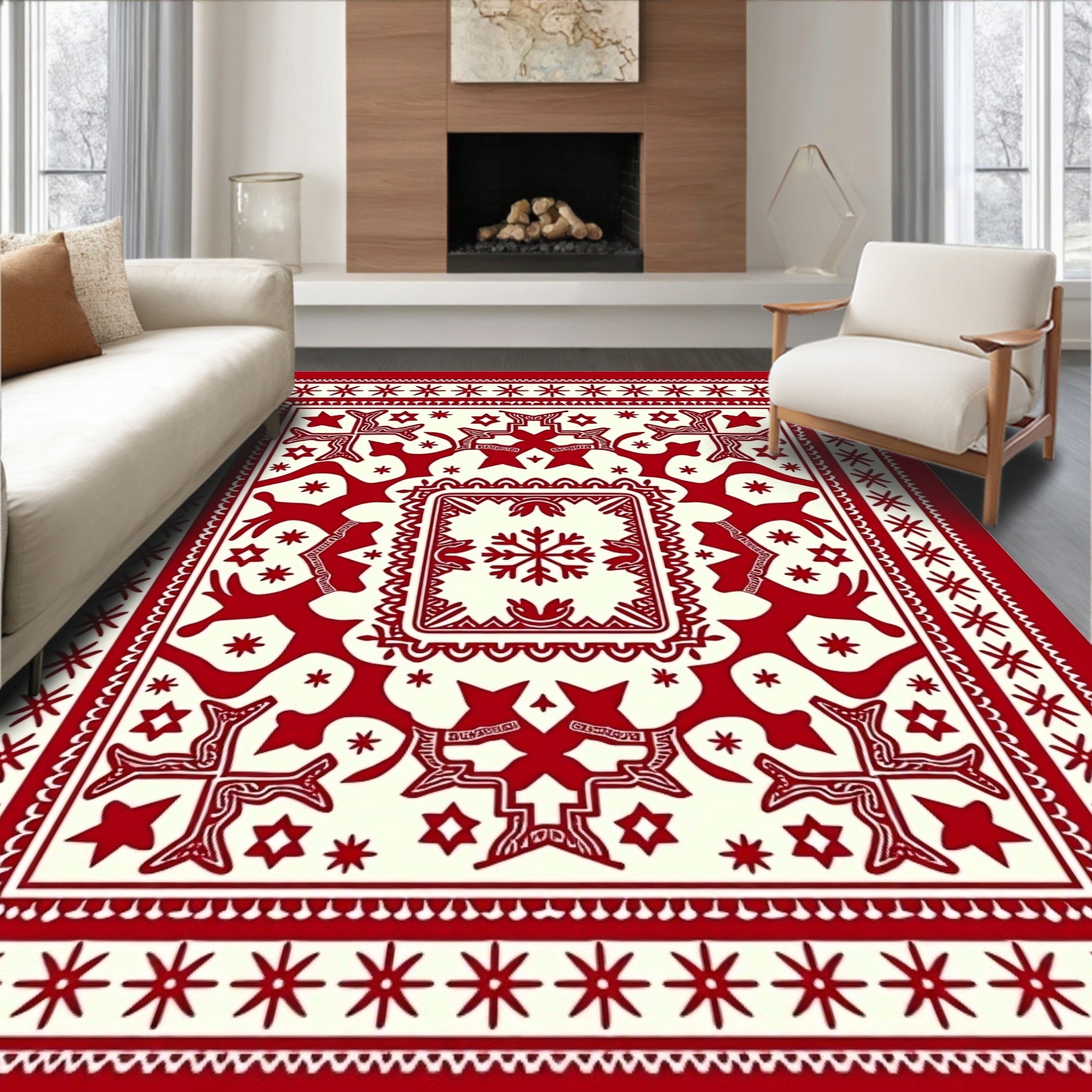 Crimson Folk Art Star Motif Rug