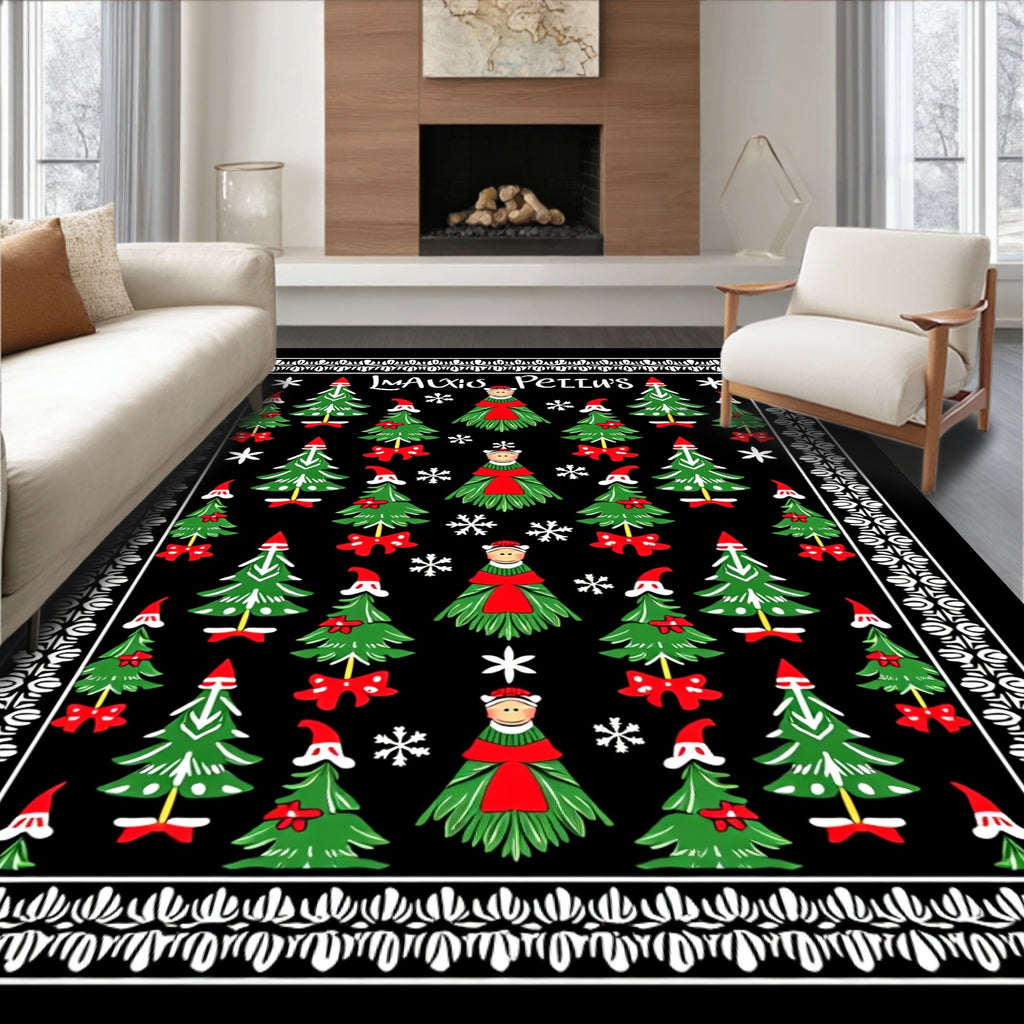 Whimsical Christmas Trees Red Bow Snowflake Rug