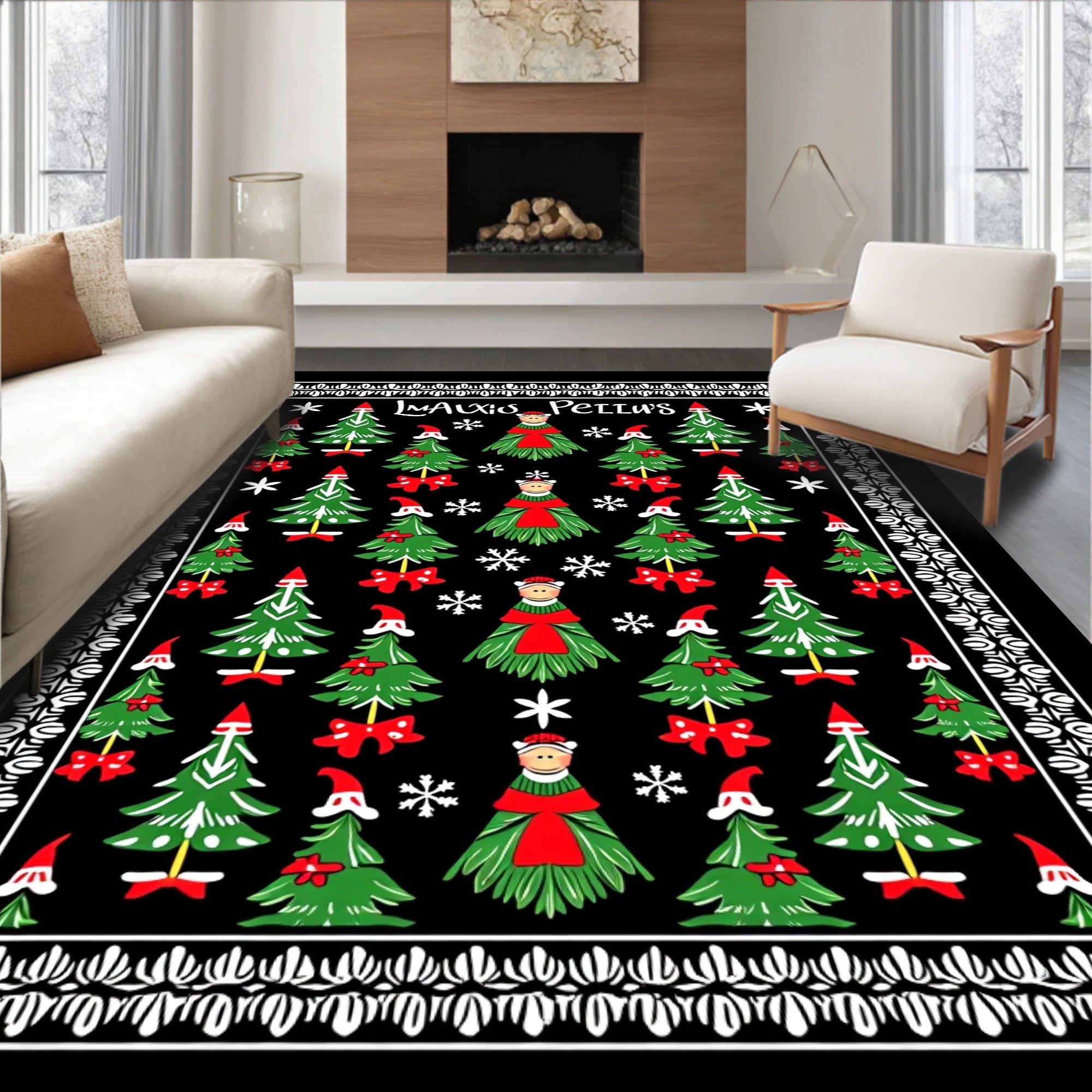 Whimsical Christmas Trees Red Bow Snowflake Rug