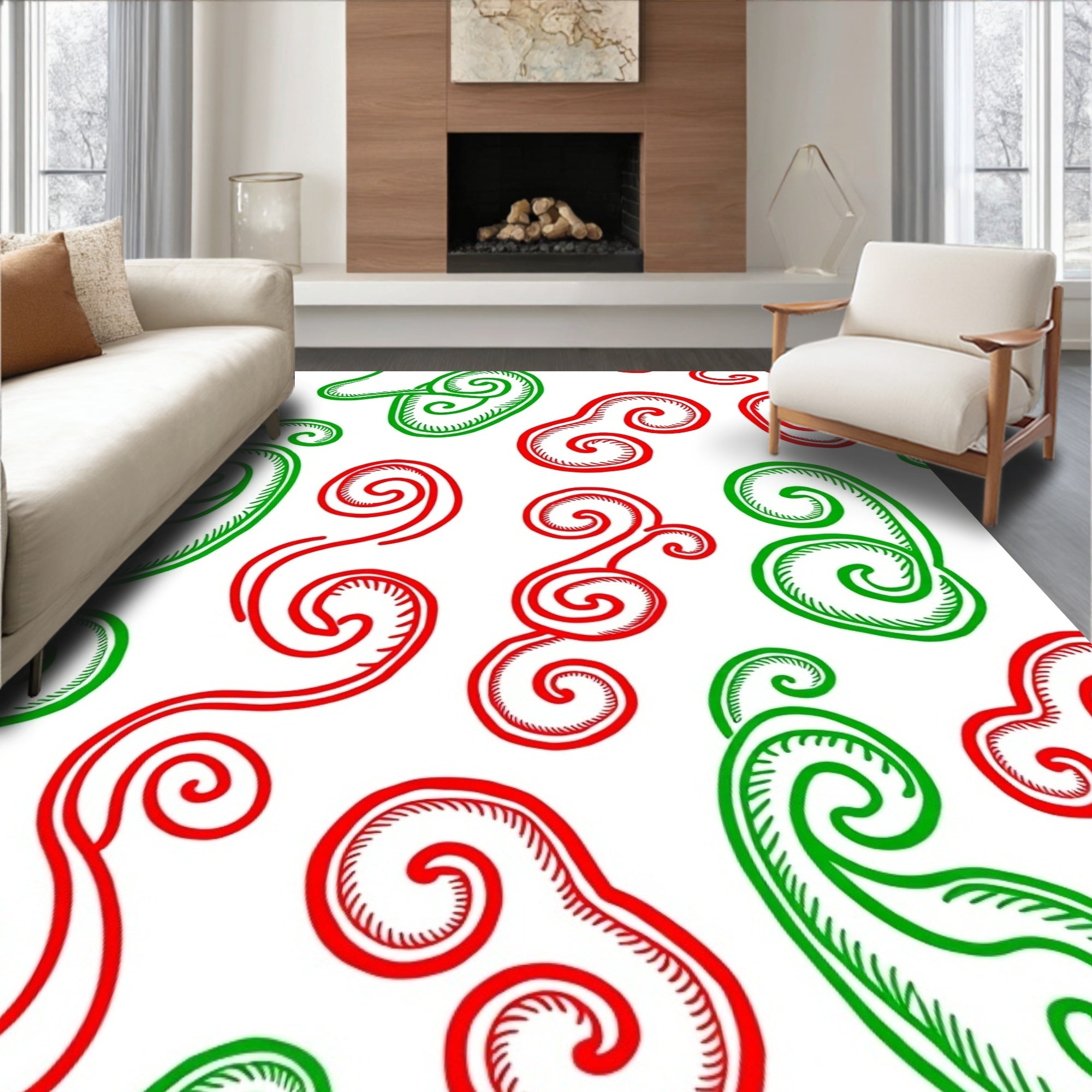 Red Green Swirl Scroll Abstract Rug
