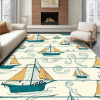 Teal Sailboat Nautical Swirl Cream Rug