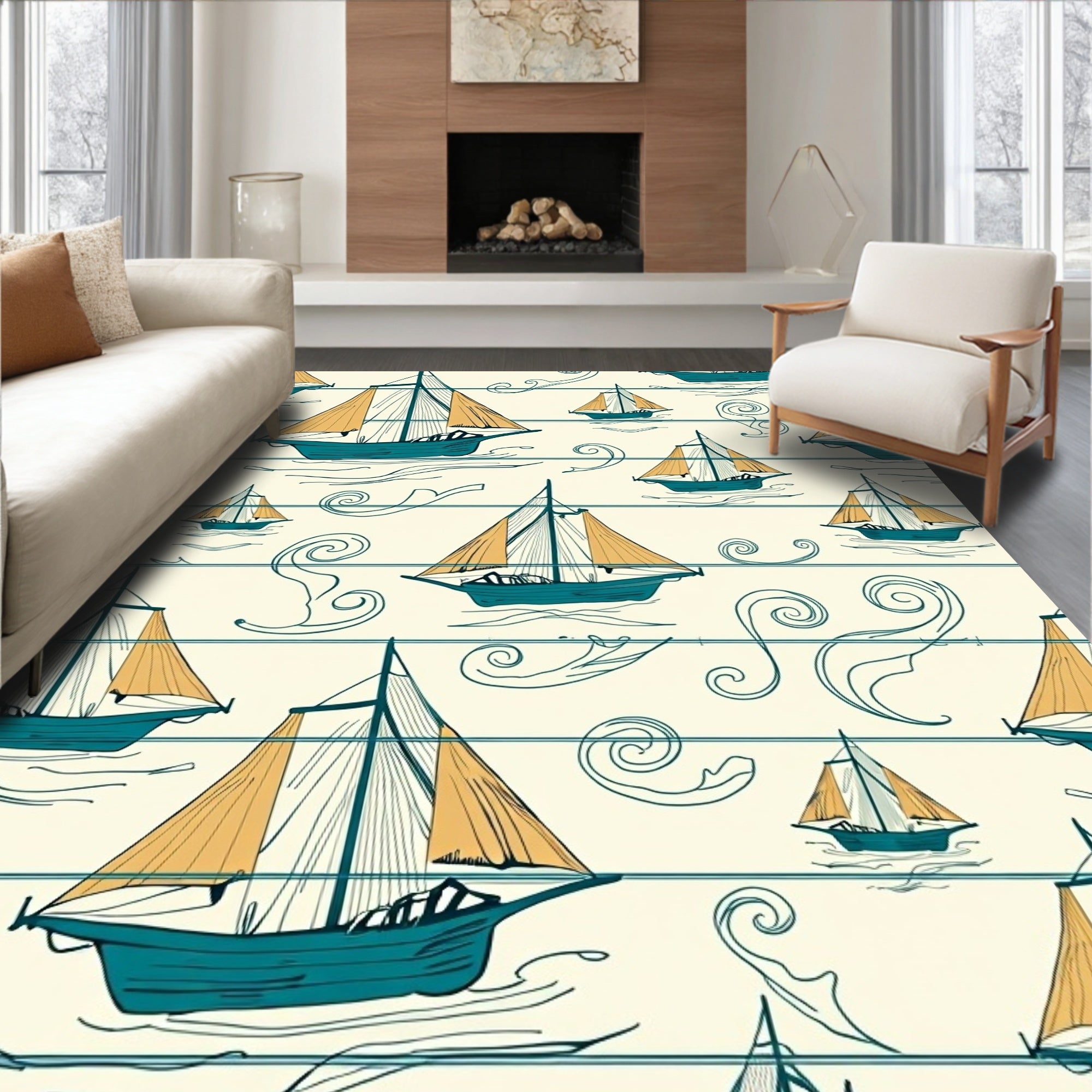 Teal Sailboat Nautical Swirl Cream Rug