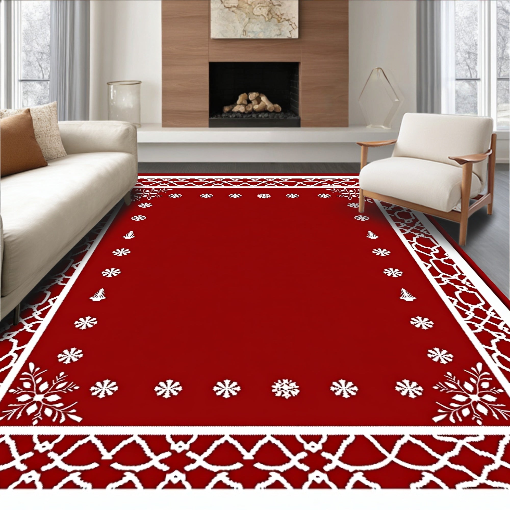 Crimson White Snowflake Festive Border Rug