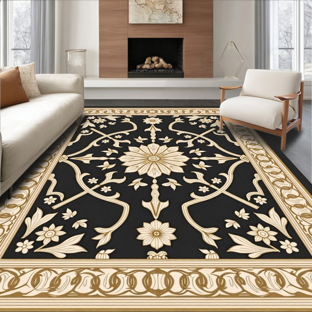 Ornate Black Gold Floral Medallion Border Rug