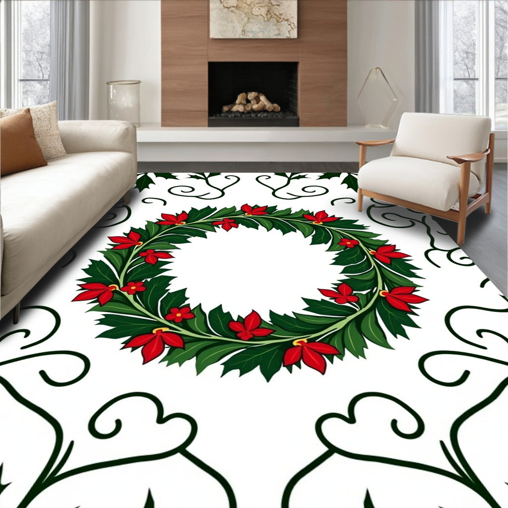 Green Holly Red Poinsettia Wreath Rug