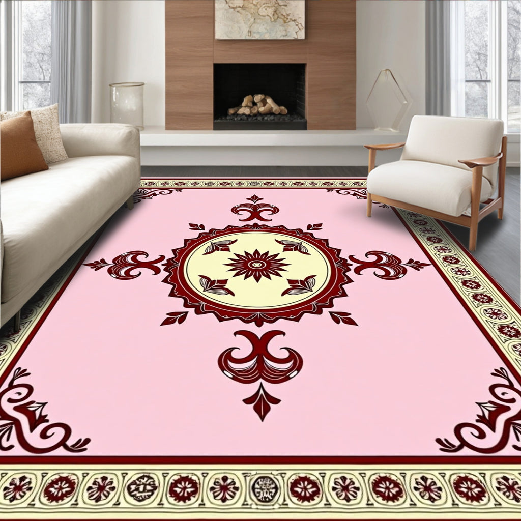 Pale Pink Crimson Medallion Symmetry Rug